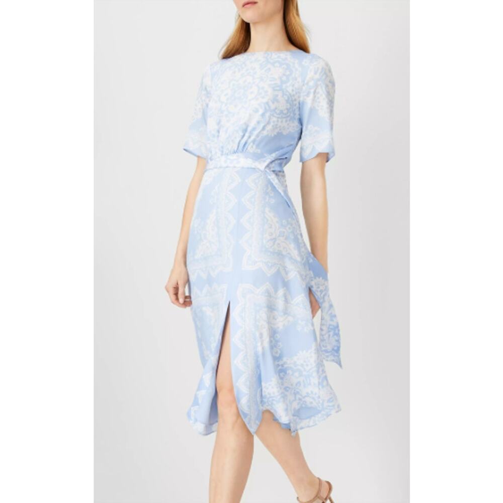 Ann Taylor Tile Print Short Sleeve Belted Satin Midi Dress Blue White 12